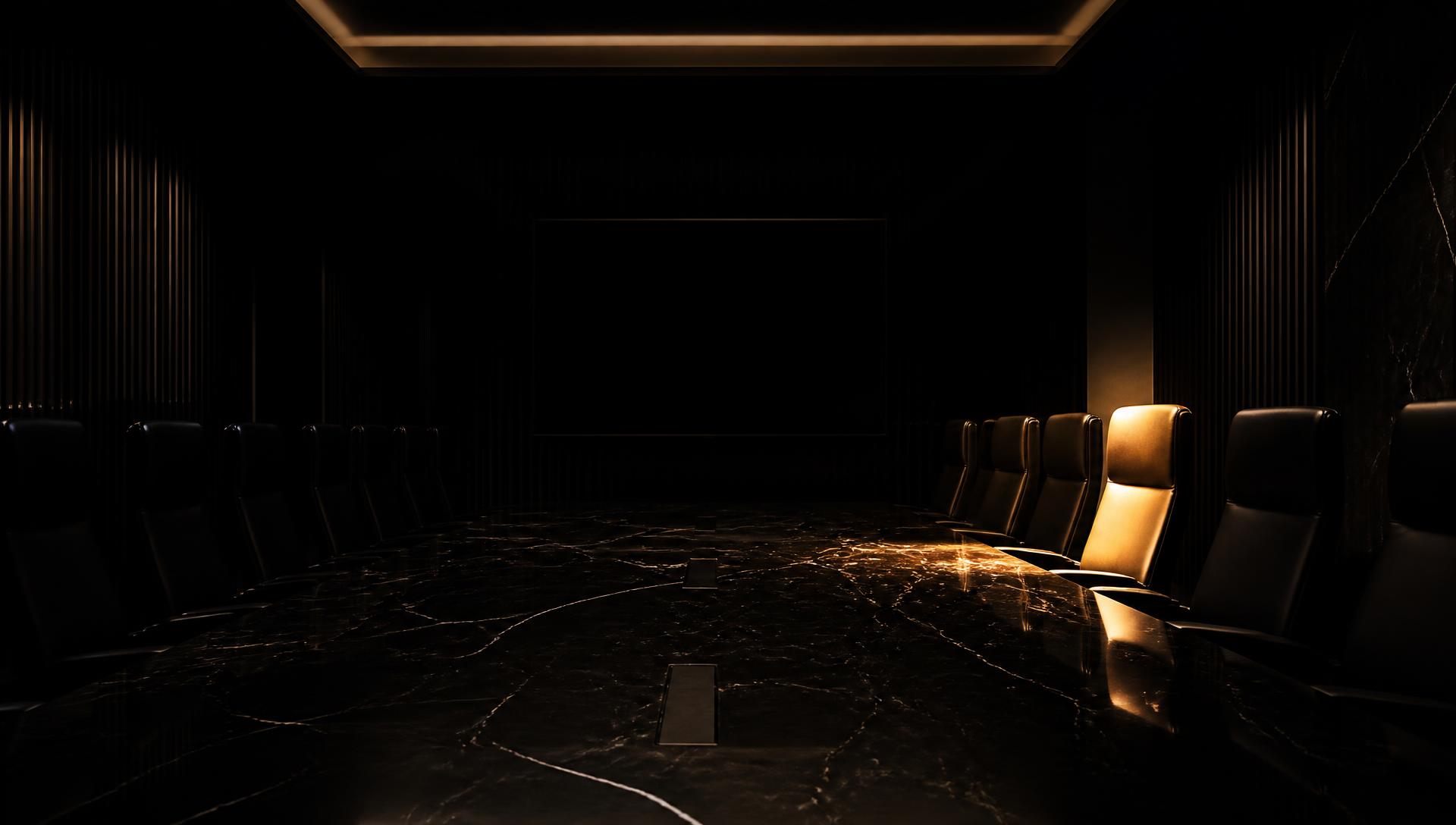Mesa executiva escura com uma cadeira iluminada em dourado